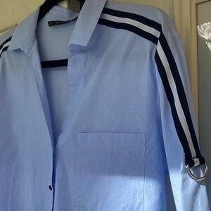 ZARA Basic Light Blue Button-Up Shirt with striped black and white ribbon XS